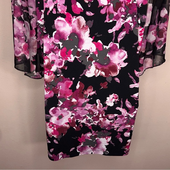 Large Susan Lawrence Blouse Short Sleeve Black Fuchsia Pink Floral Stretch - Picture 9 of 12
